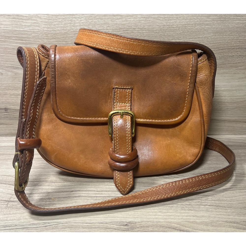 Vintage‎ Fossil Cognac Brown Leather Crossbody Saddle Bag Solid Brass Buckles